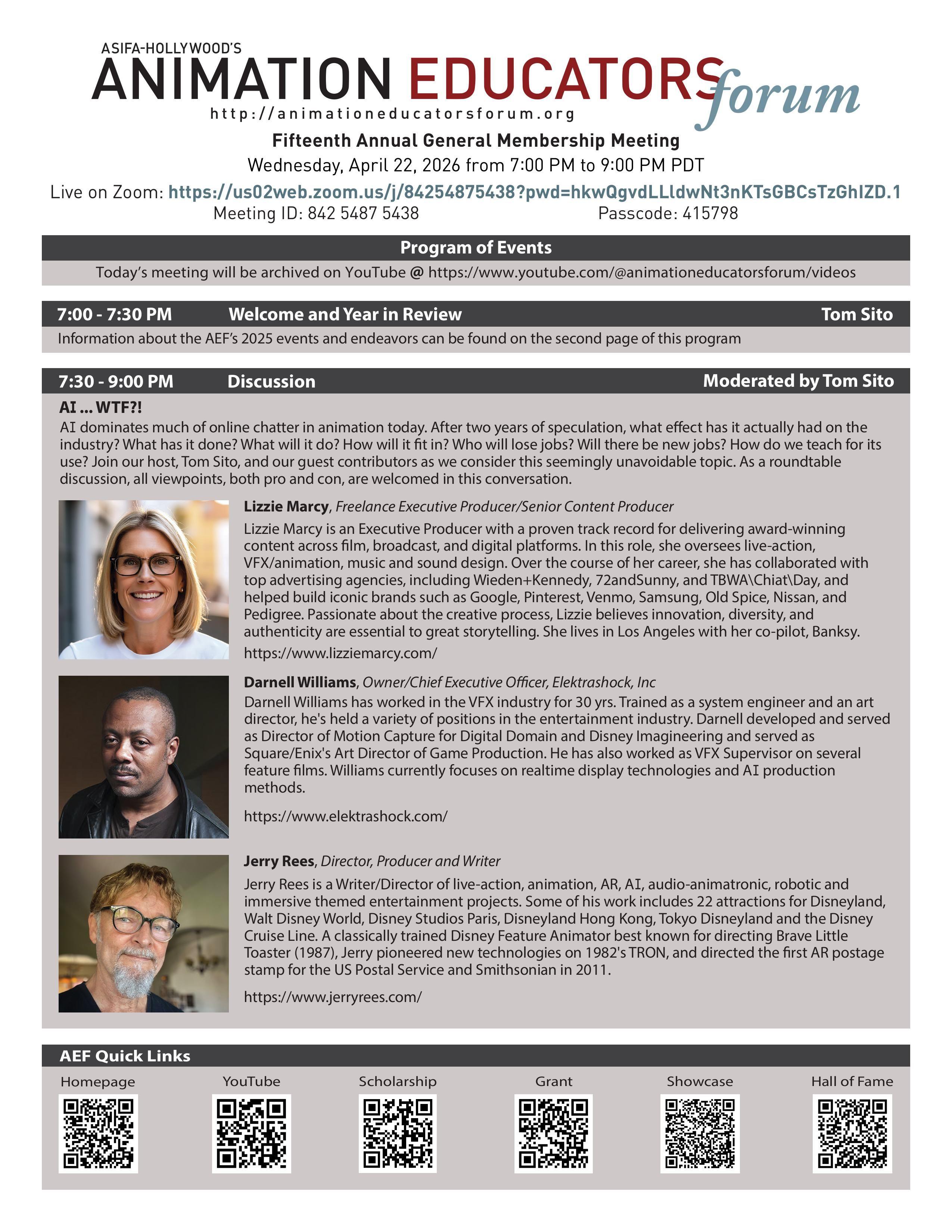 After presenting its Year in Review for 2025 at the start of the meeting, the AEF will hold a roundtable discussion titled "AI... WTF?!"